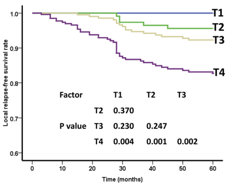 Prognóstico dos pacientes com tumores de nasofaringe de acordo com o TNM, Curvas de Kaplan-Meier