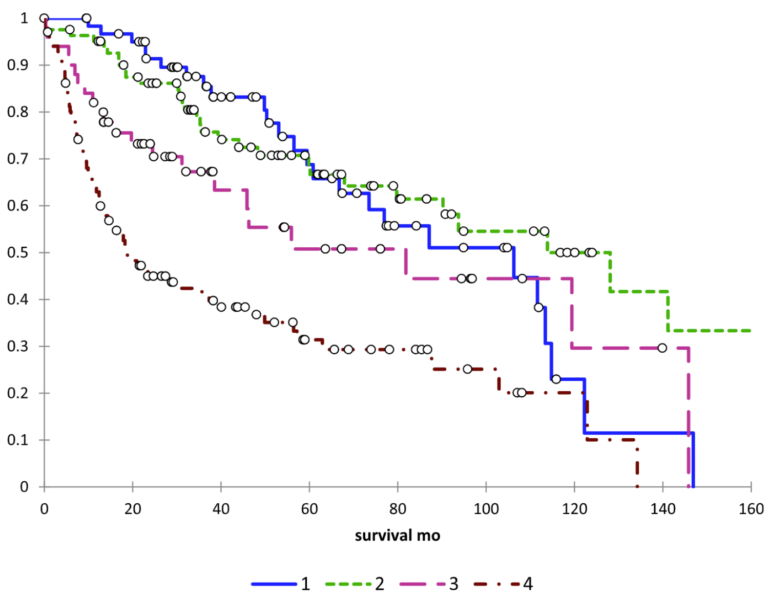 Prognóstico dos pacientes com Tumores de Mucosa Labial e de Cavidade Oral de acordo com o Estadiamento TNM, Curvas de Kaplan-Meier